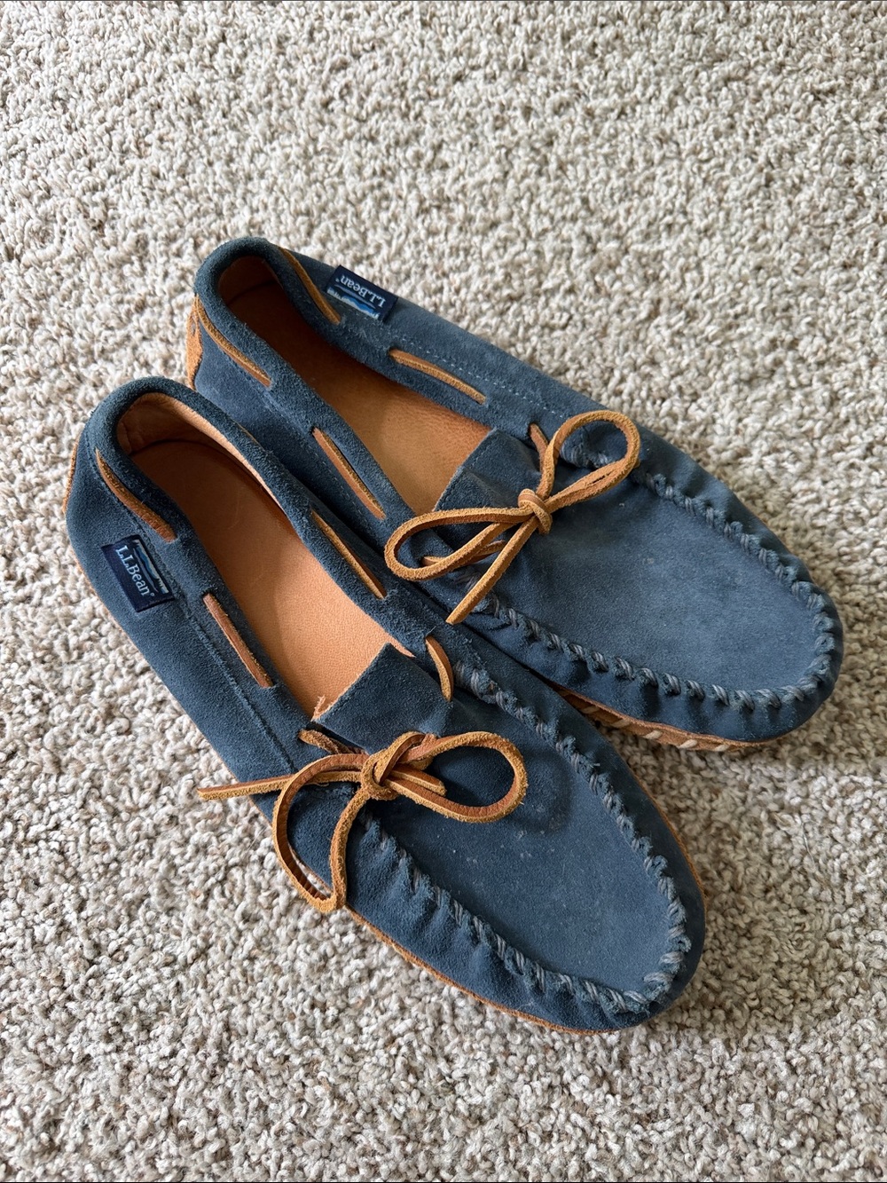 L.L. Bean Navy Suede Moccasin Loafers with Tan Leather Trim